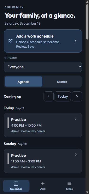 Family Calendar — The day ahead, on your phone. Personal details removed.