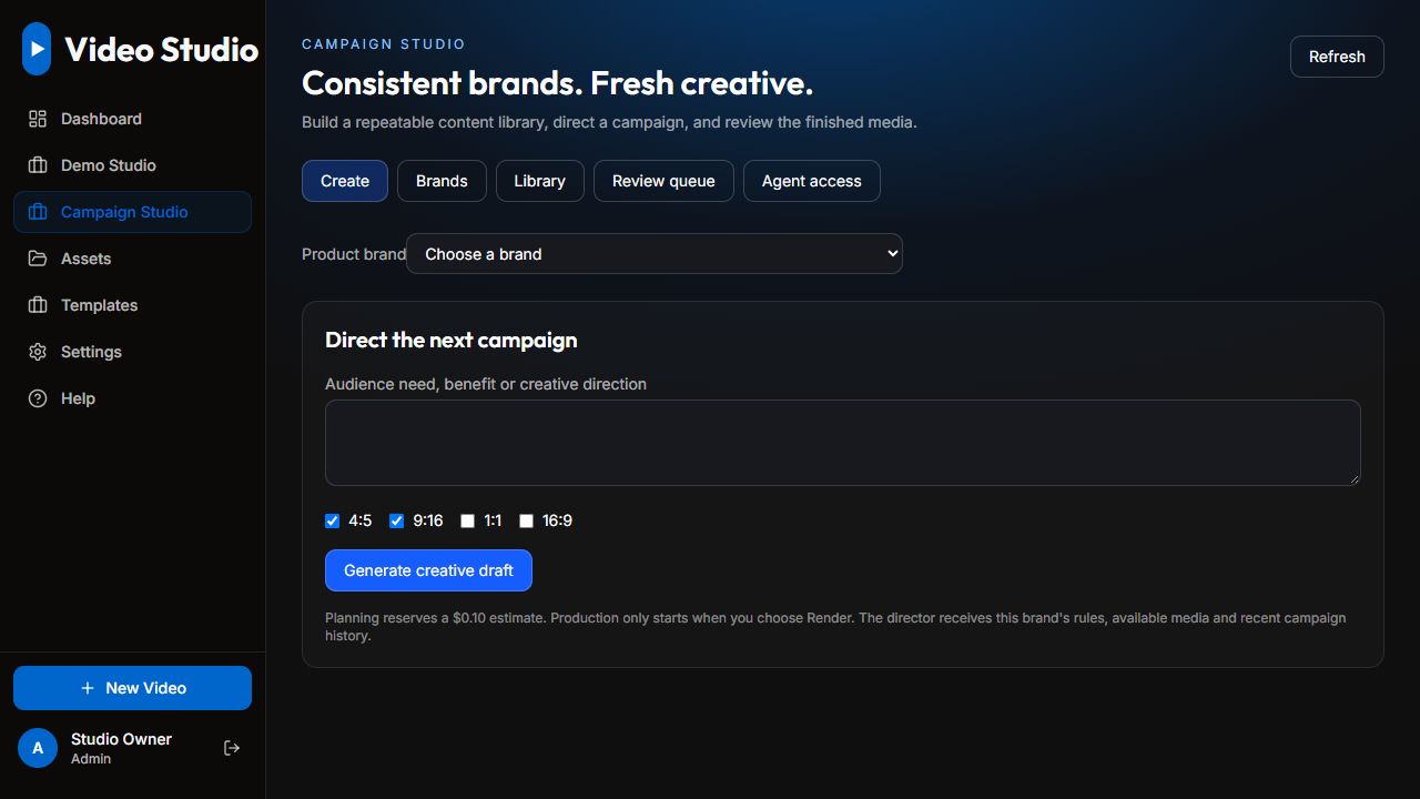Video Studio — From campaign idea to creative variations. Personal details removed.