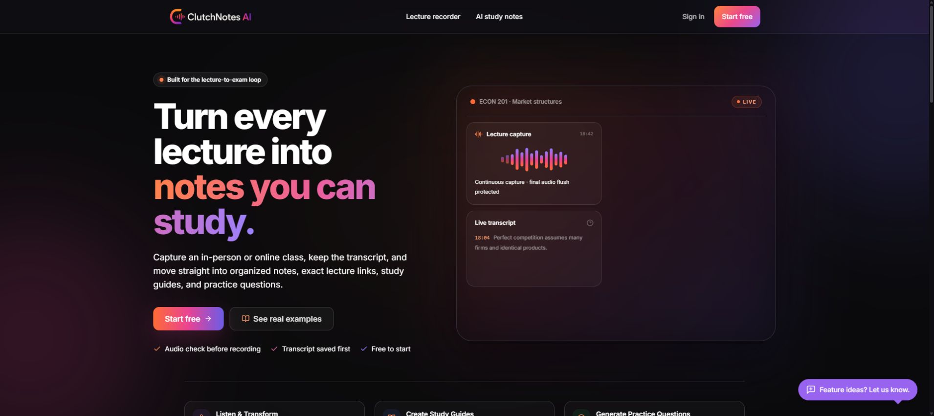 ClutchNotes AI — lecture capture and the study work that follows.